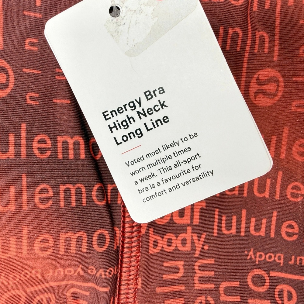 Lululemon Energy Bra High Neck Long Line Women 6 Red Logo Print Yoga Pilates C/D - Picture 2 of 7
